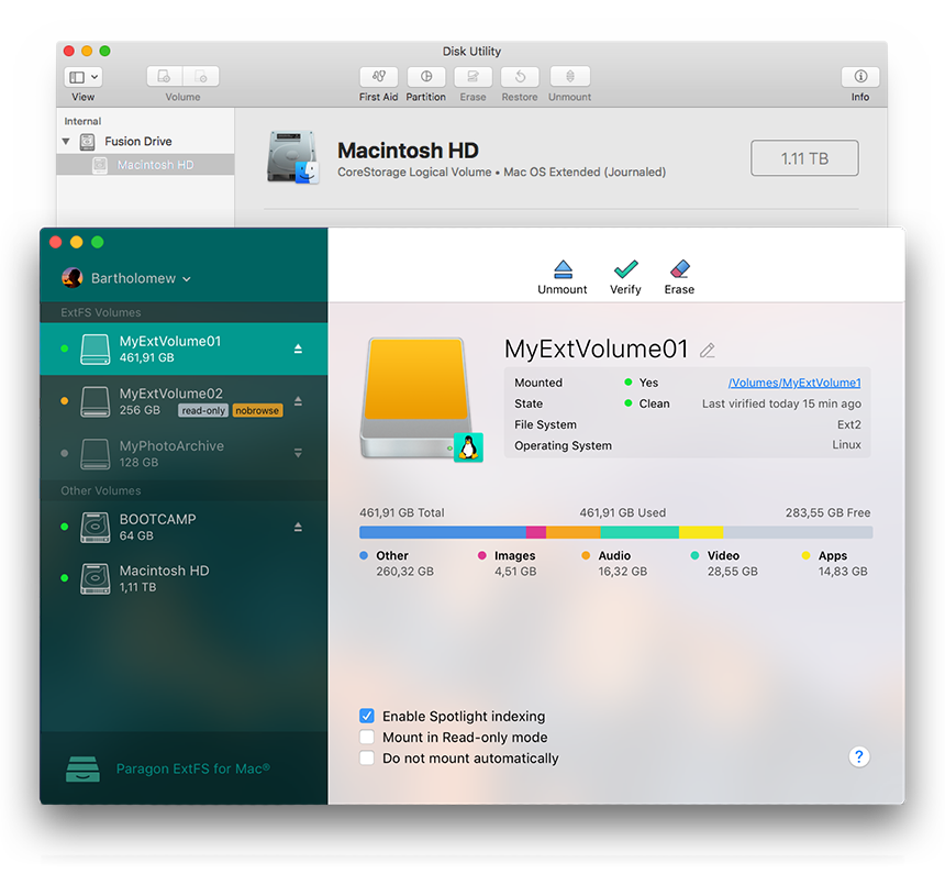 extFS for Mac by Paragon Software. Открыть на Маке файлы, отформатированные в extFS. Screenshot.