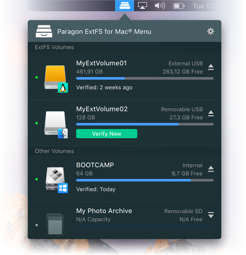 extFS for Mac by Paragon Software. Драйвер для доступа ко всем extFS файловым системам Линукса, ext2, ext3 or ext4. Screenshot.