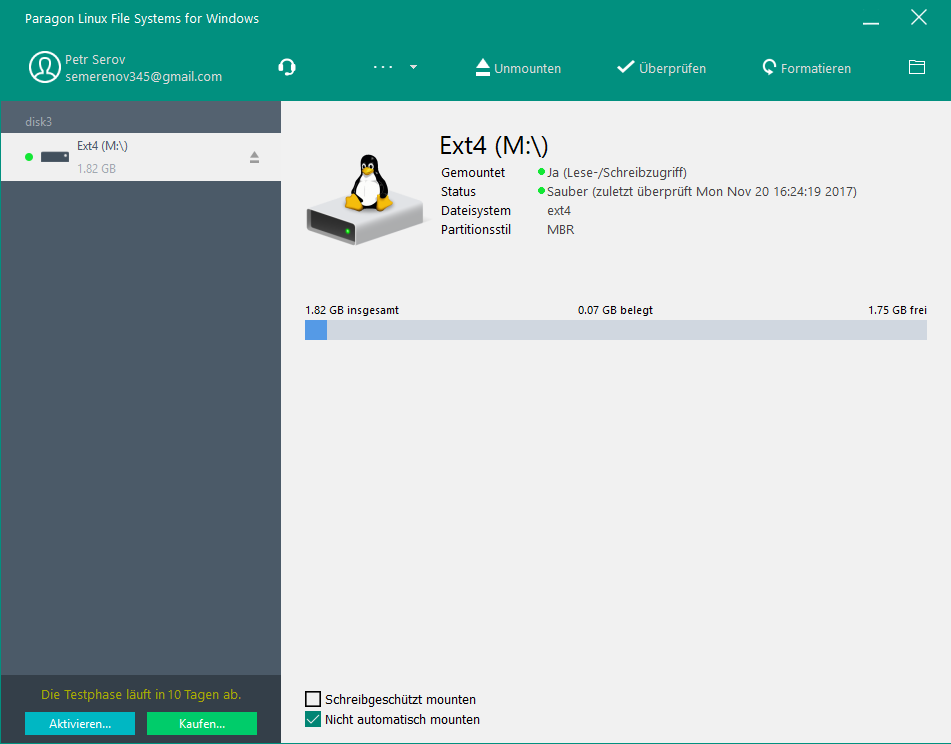 Linux File Systems für Windows von Paragon Software. ExtFS-Partitionen unter Windows aktivieren. Screenshot.