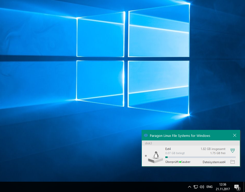 Linux File Systems für Windows von Paragon Software. Unter Windows Daten auf Linux-formatierten Speichern bearbeiten. Screenshot.
