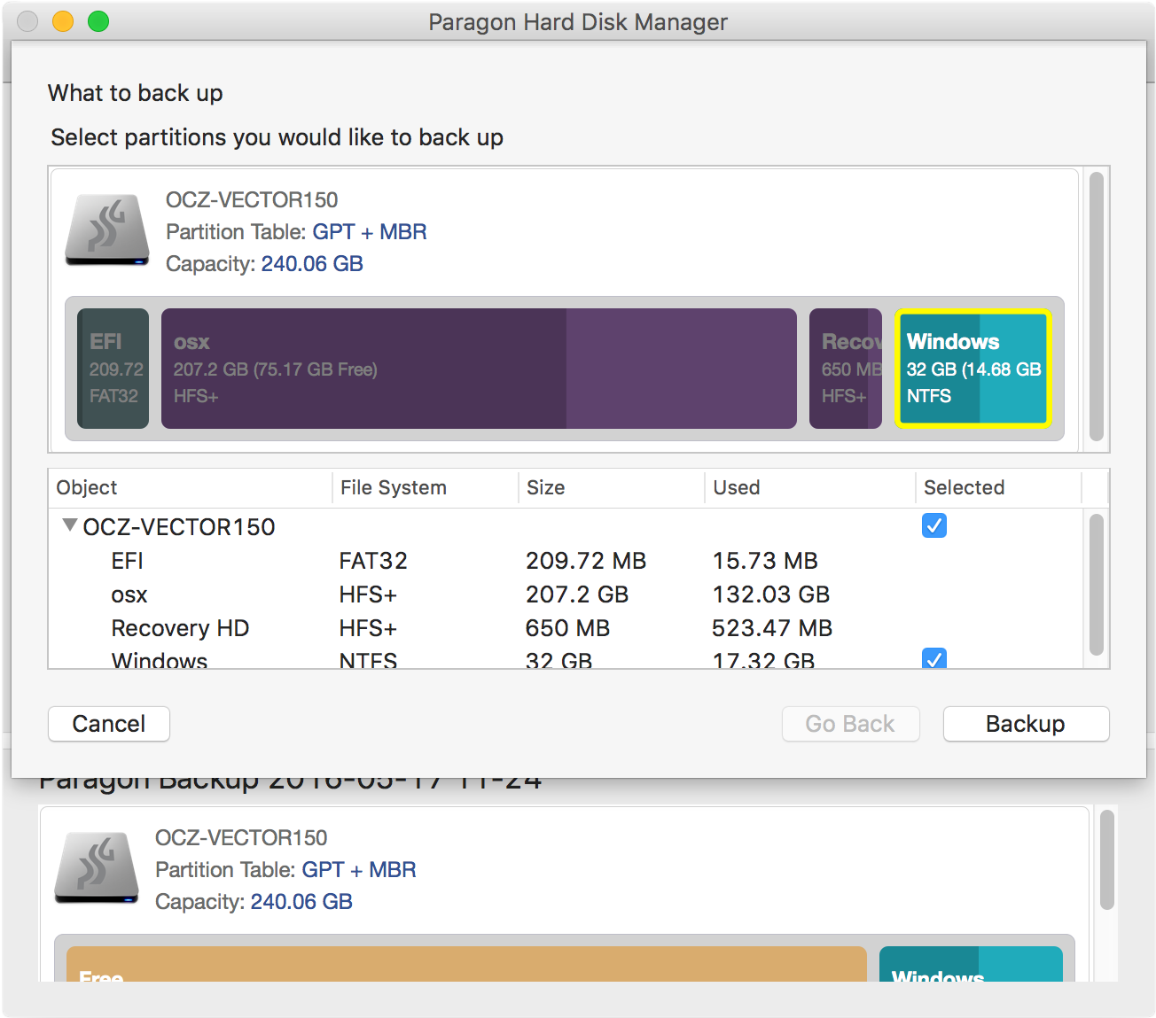 Выбор разделов macOS для резервного копирования. Screenshot.