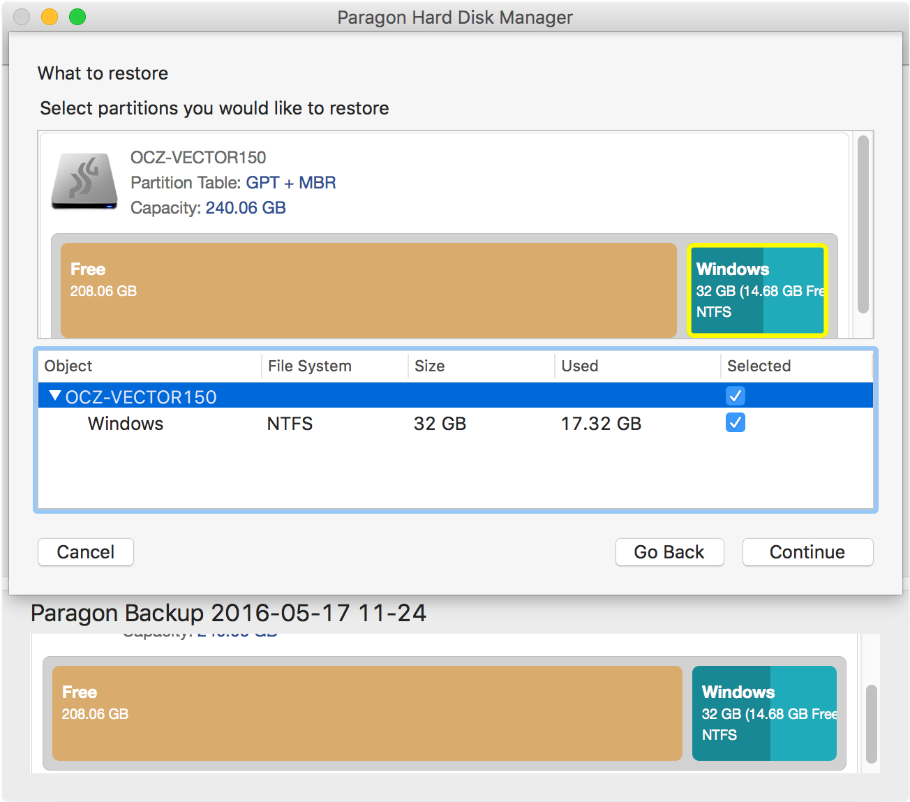 Выбор разделов macOS для восстановления. Screenshot.